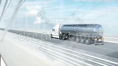 高速公路上汽油加油机、拖车、卡车的三维模型。 开得很快。 现实的4k动画。 石油概念。